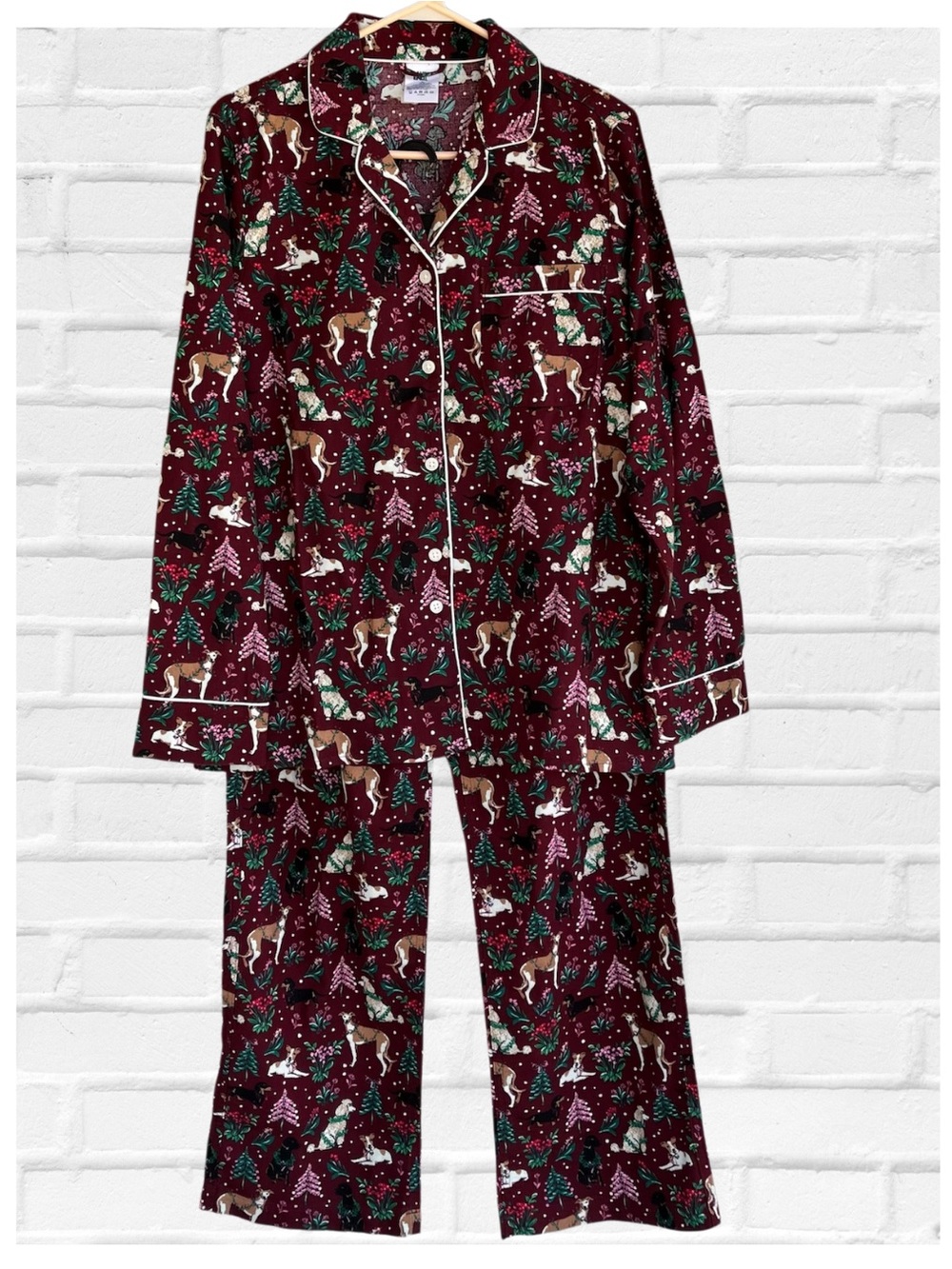 Lands End Med Burgundy Flannel Holiday Dogs Christmas Pajama Set Black Lab 100%